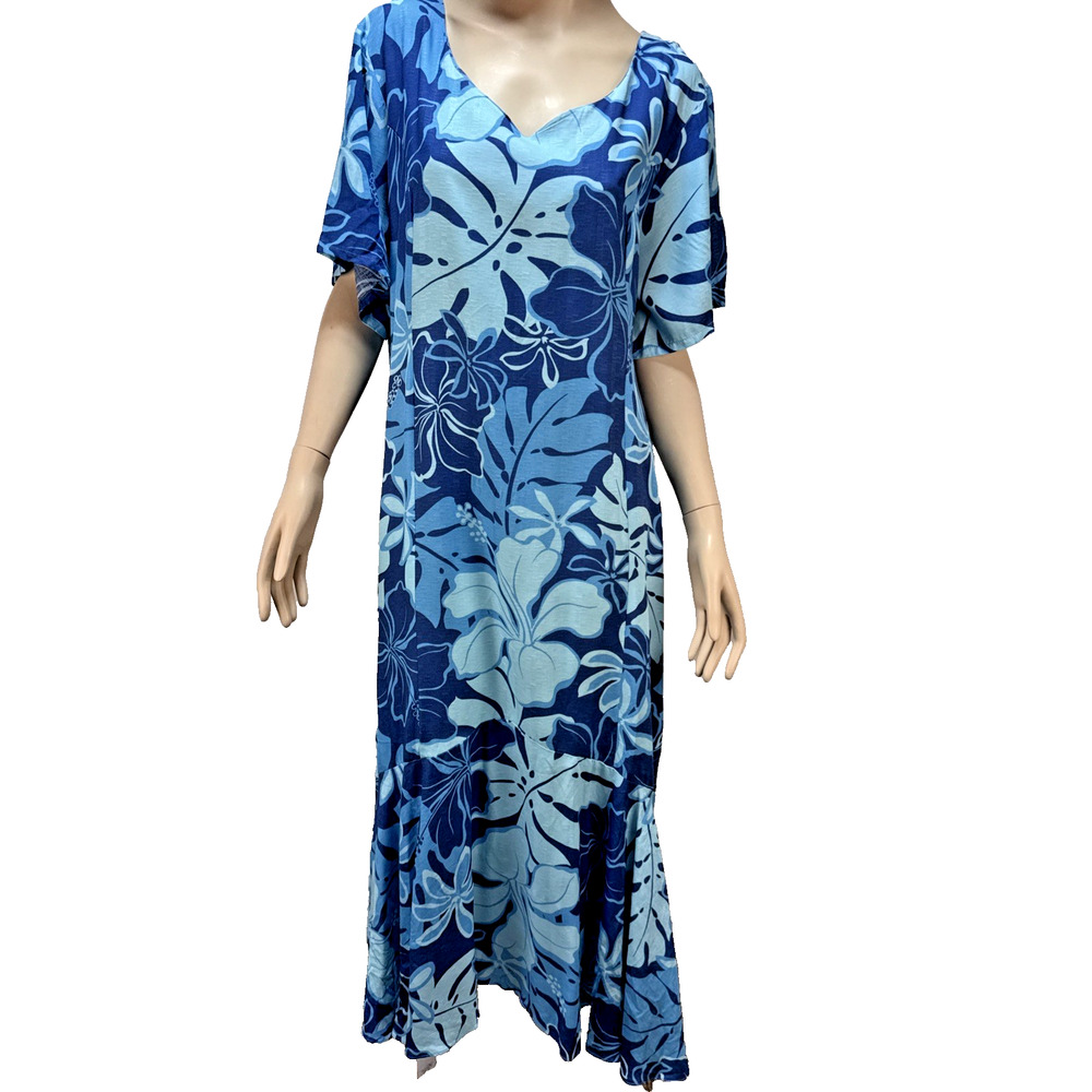 Hilo Hattie Womens Hawaiian Long Midi Dress MuuMuu Plus Size 3XL Blue Hibiscus